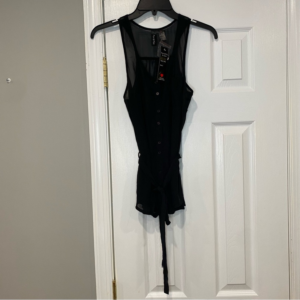 Fun & Flirt By Japna Sheer Black Button Down Front Waist Tie Tank Top Small NWT